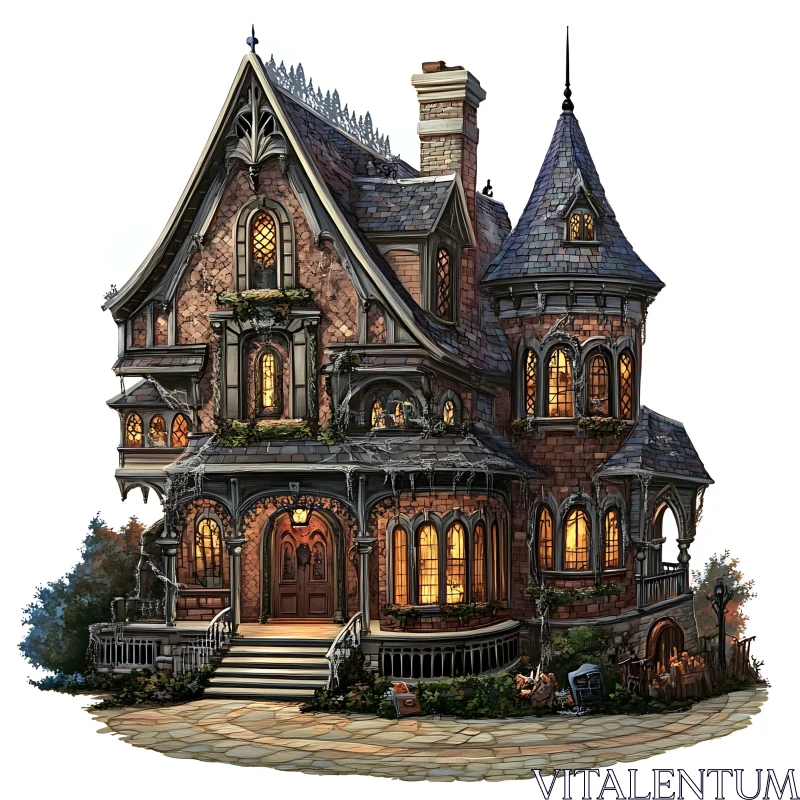 Abandoned Haunted Mansion with Intricate Gothic Architecture AI Image