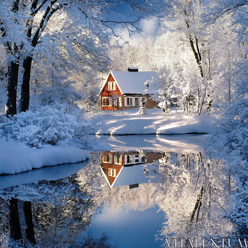 AI ART Charming Winter Cabin Reflection