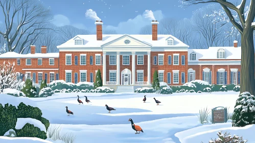 Picturesque Snowy Mansion with Geese