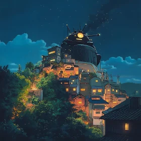 Anime Nightscape of Hilltop Town with Giant Robot