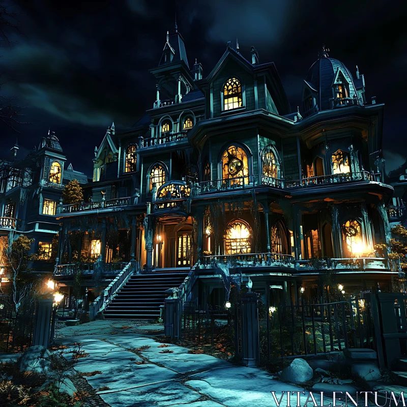 AI ART Gothic Mansion Illuminated at Night