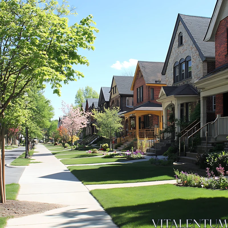 Picturesque Suburban Neighborhood with Green Lawns and Flowering Trees AI Image