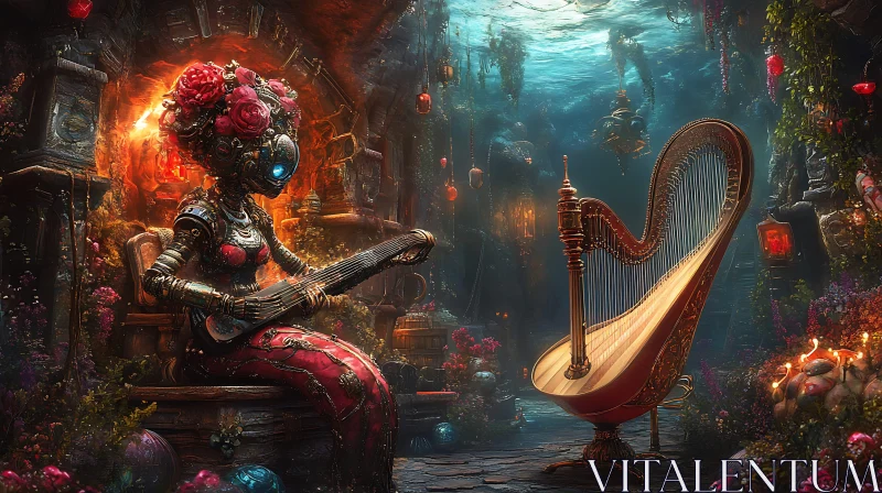 AI ART Futuristic Cyborg Playing Instrument Underwater