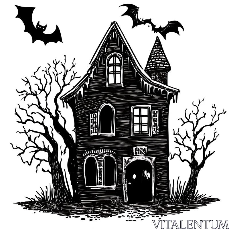 Eerie Old House with Bats Illustration AI Image