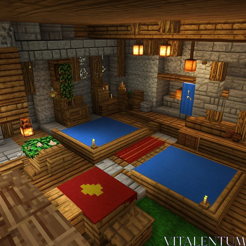 Minecraft Living Room with Elegant Wooden and Stone Features AI Image