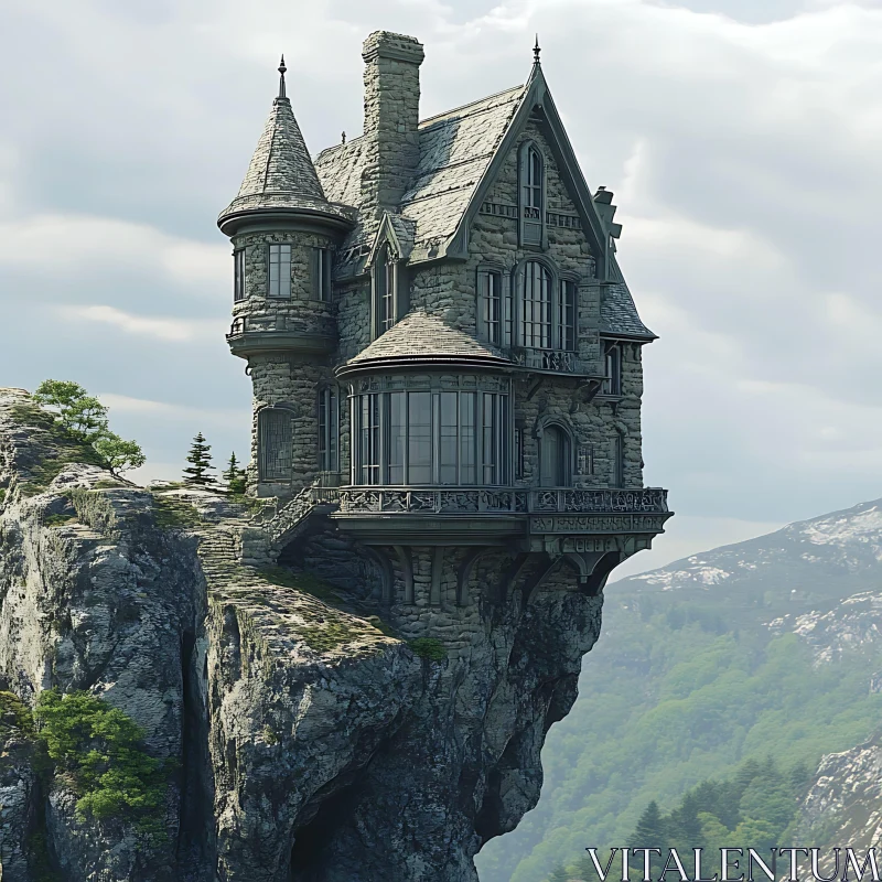 Medieval Stone Castle on Mountain Cliff AI Image