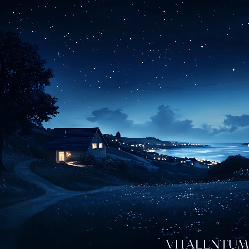 AI ART Countryside Night Scene with Stars and Warm Lights