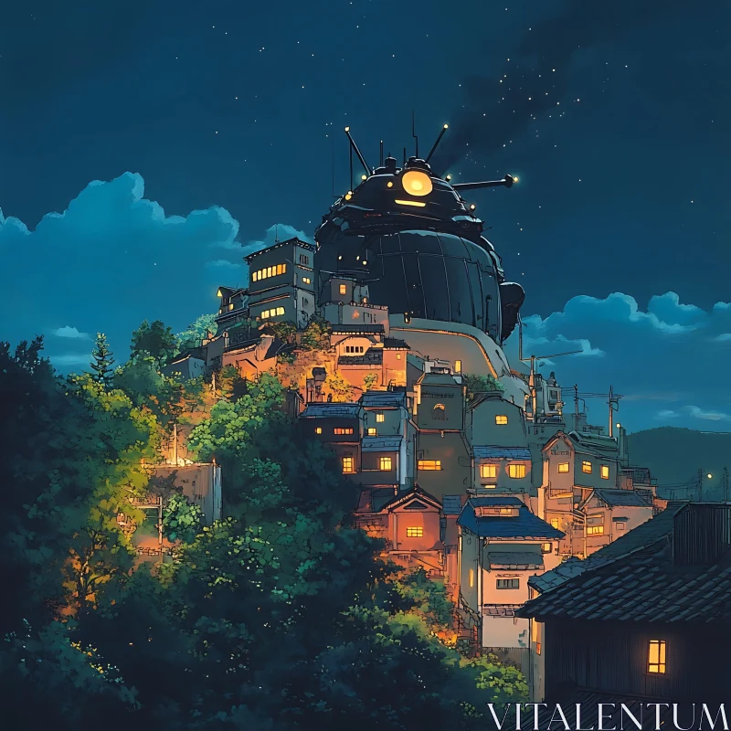 Anime Nightscape of Hilltop Town with Giant Robot AI Image