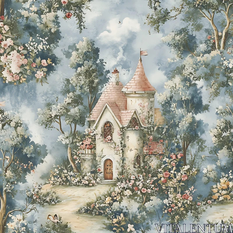 Magical Castle in a Blossoming Forest AI Image