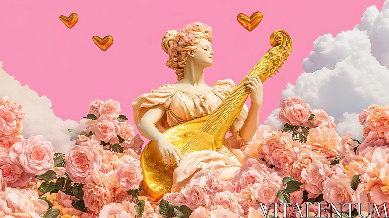 AI ART Elegant Sculpture Amidst Pink Roses