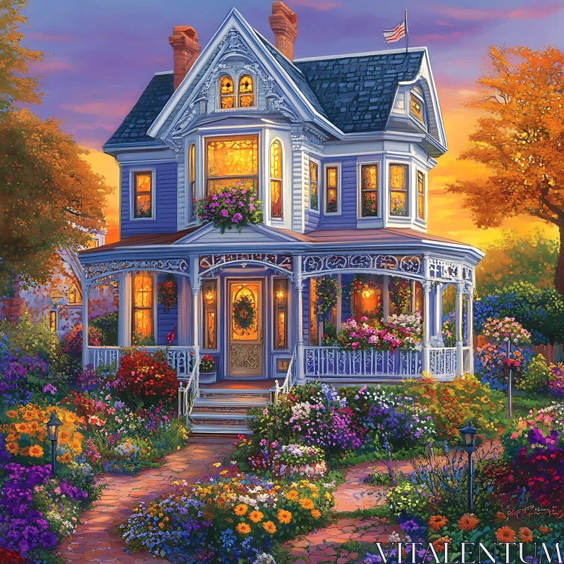 AI ART Victorian Home with Flower Garden at Dusk