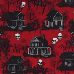 Mystery Artwork with Haunted Houses and Skulls