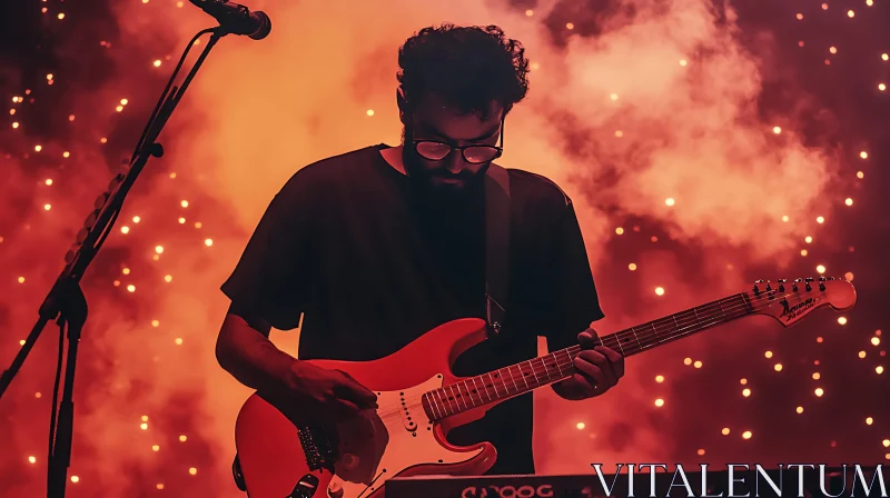 Guitarist Performing Live with Smoke and Sparkling Lights AI Image