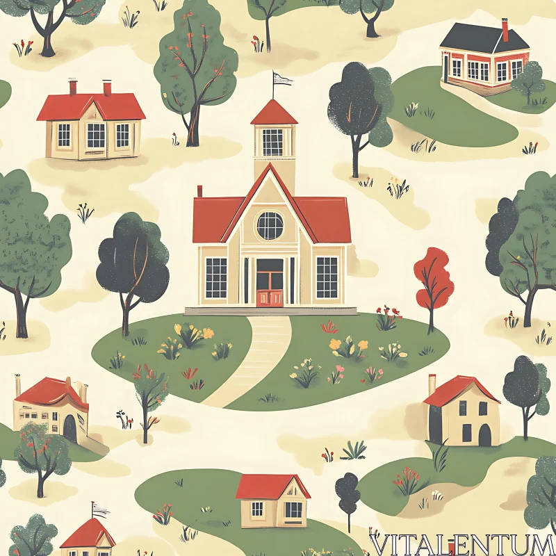 Charming Village Scene with Schoolhouse and Houses AI Image