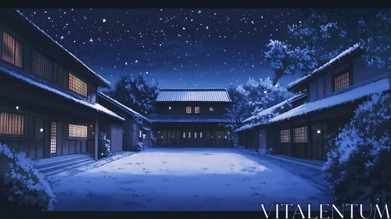 Tranquil Japanese Courtyard in Winter Night AI Image