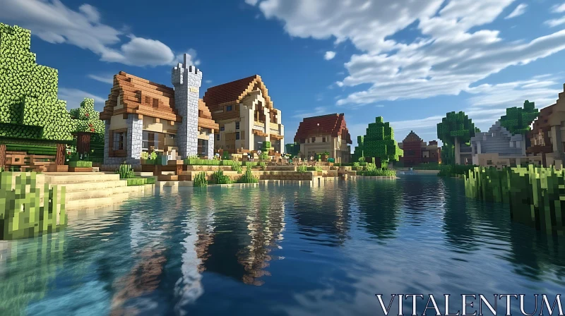 Peaceful Blocky Minecraft Settlement by Water AI Image