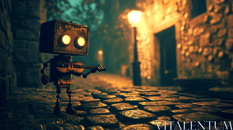 Robot with Violin in Cobblestone Night Scene AI Image