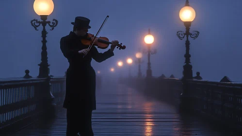 Violinist in the Foggy Night Light