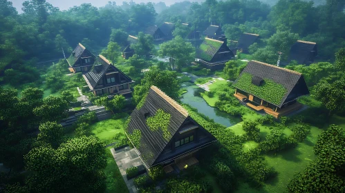 Green Village with Wooden Houses