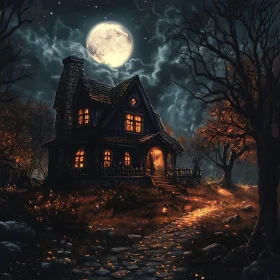 Eerie Night Scene with Haunted House and Full Moon