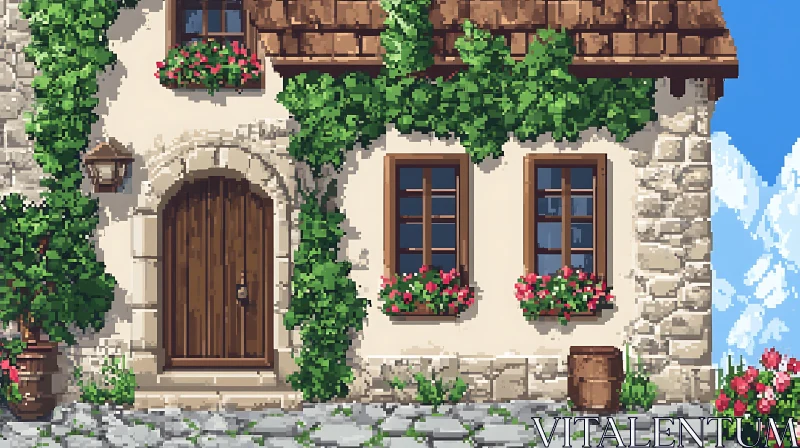 AI ART Rustic Cottage with Greenery and Flower Boxes