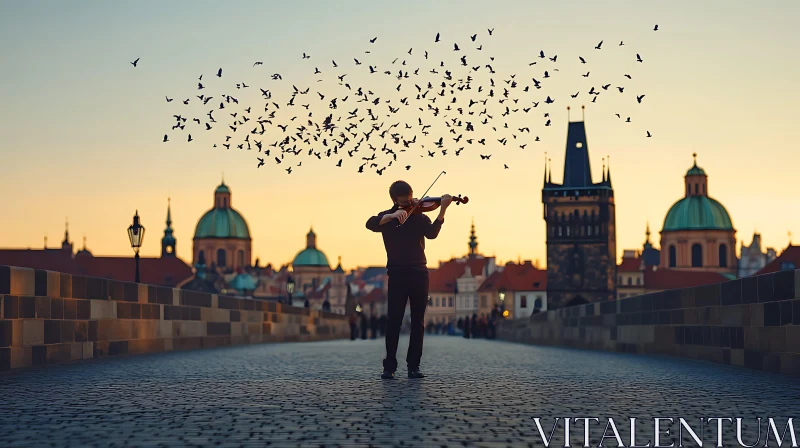 Violinist on Cobblestone Bridge with Birds at Dusk AI Image