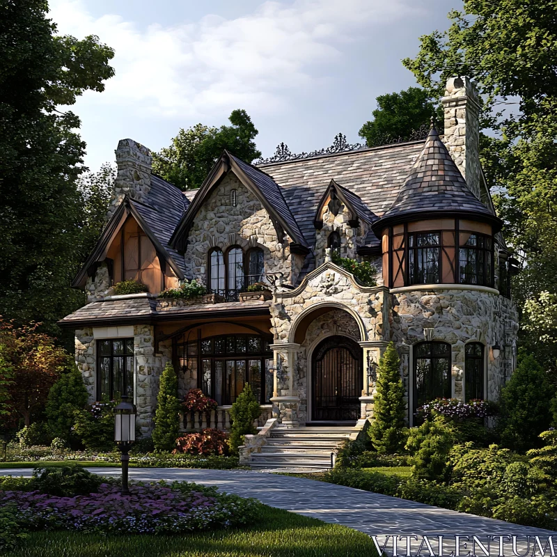 Elegant Stone Property with Turret and Garden AI Image