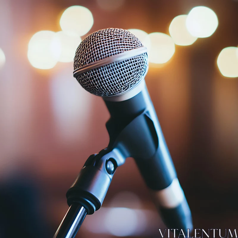 Microphone on Stand with Warm Bokeh Background AI Image