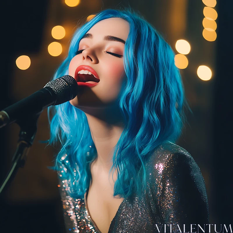 Blue-Haired Vocalist's Glamorous Performance AI Image