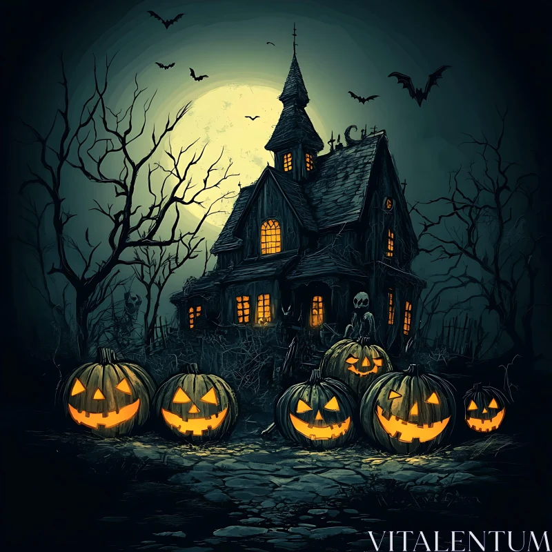 AI ART Spooky Halloween Scene Under Full Moon