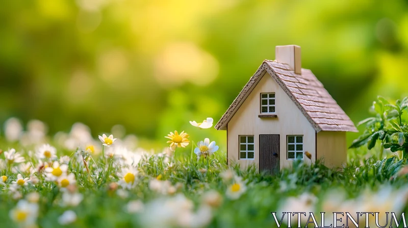 Tiny Cottage in a Flower Field AI Image