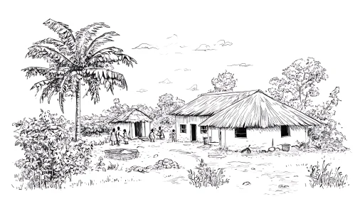 Rural Landscape with Traditional Thatched Huts