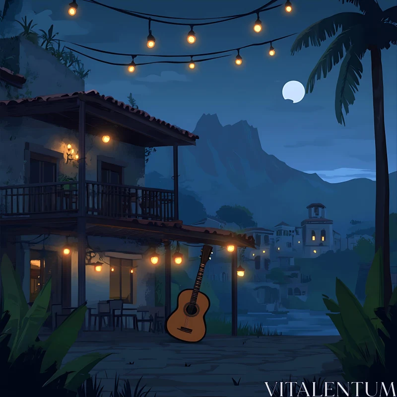 Moonlit Night with String Lights and Guitar in Countryside AI Image