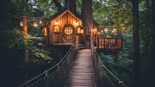 Magical Forest Treehouse with Warm Lanterns