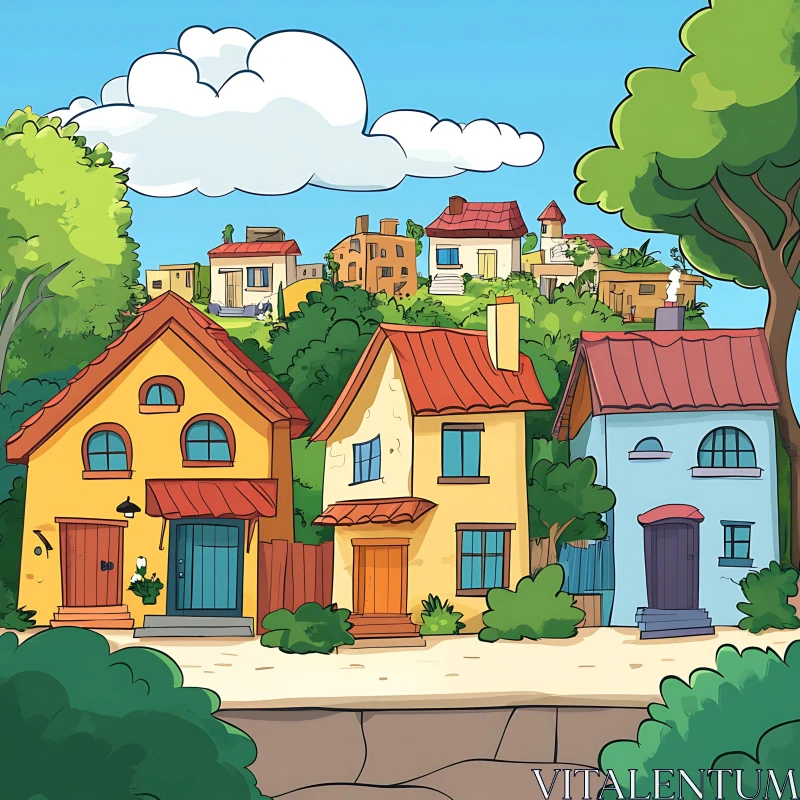 Picturesque Suburban Neighborhood Illustration AI Image