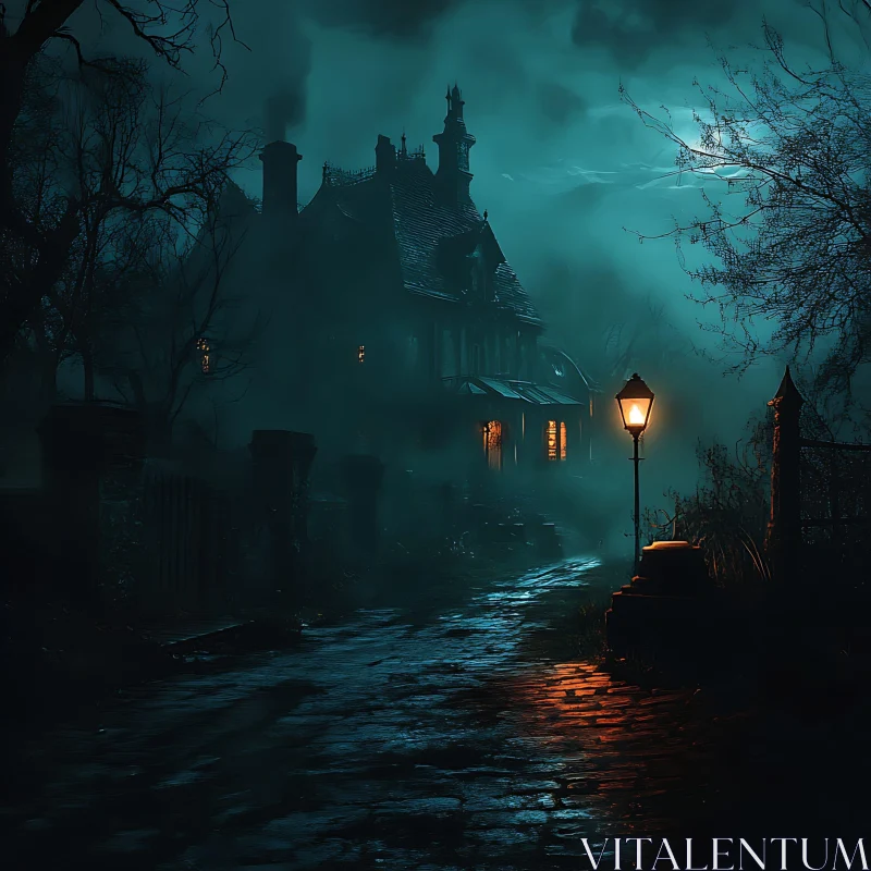 Eerie Night at the Gothic Mansion AI Image