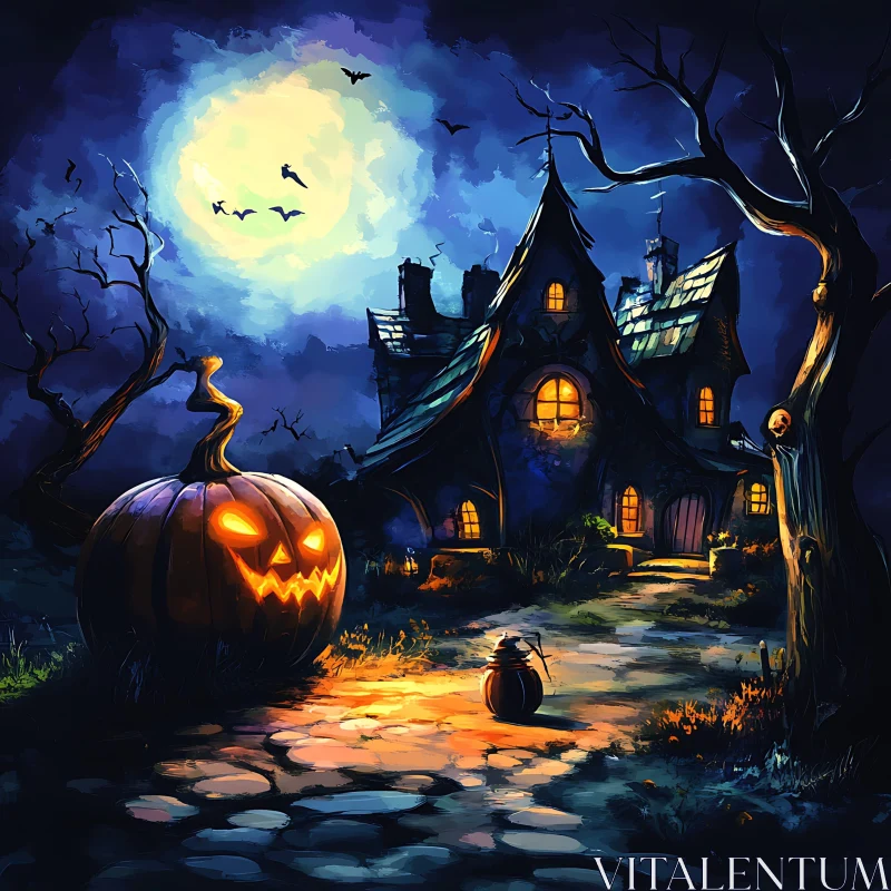 AI ART Eerie Halloween Night with Haunted House