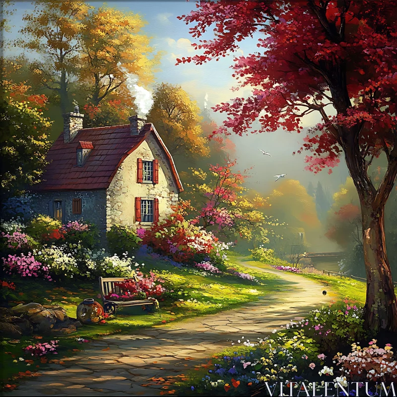 AI ART Scenic Autumn Garden with Quaint Cottage