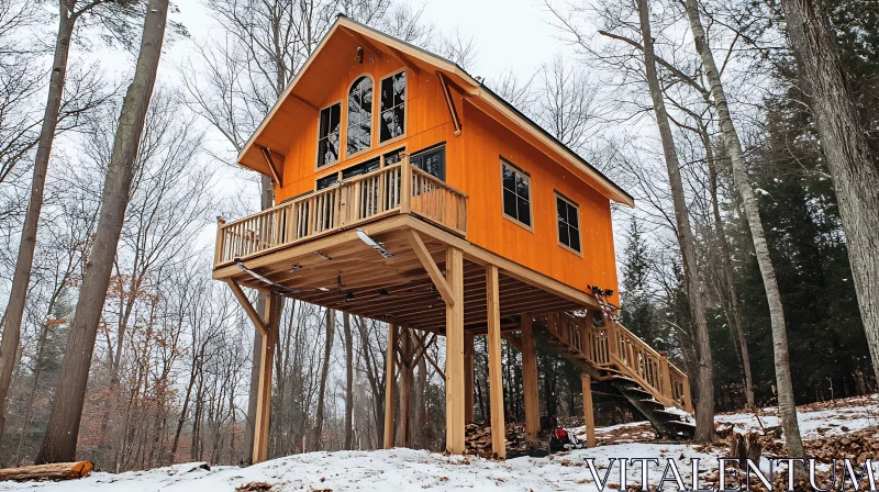 Stilted Wooden Cabin in Snowy Woods AI Image