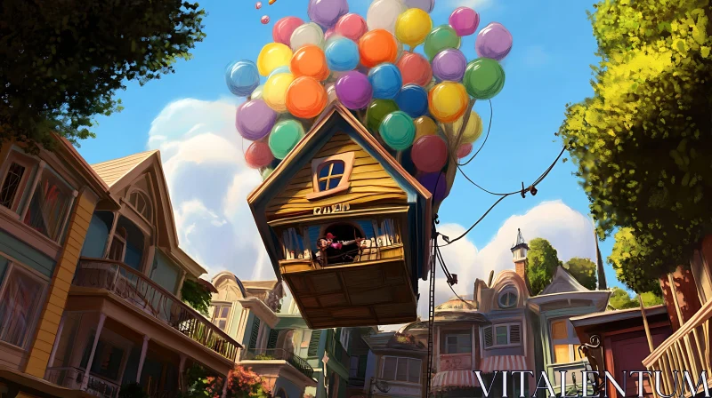 Floating House with Balloons in a Fantasy City AI Image