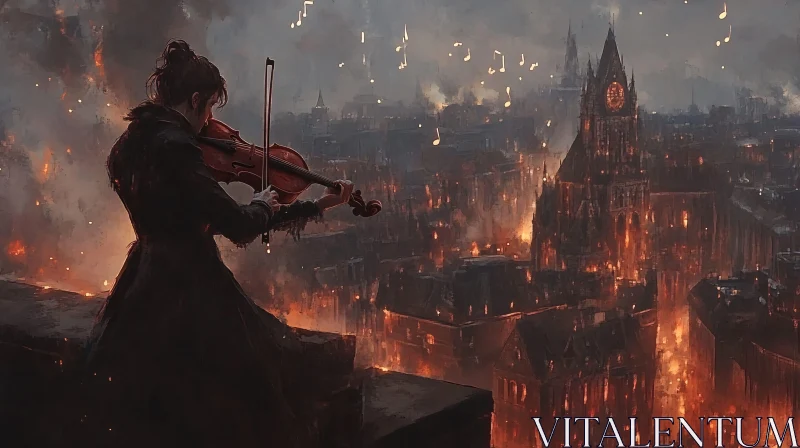 Violinist Overlooking Burning City AI Image