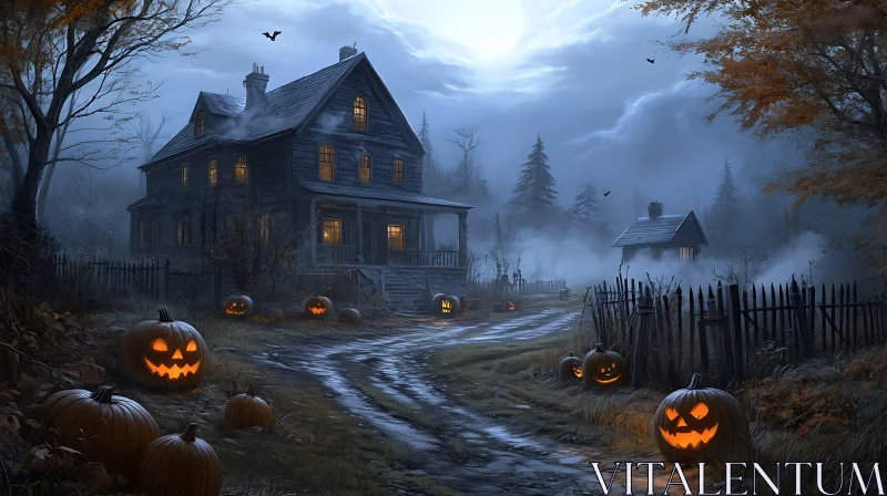 Eerie Halloween Scene with Haunted House and Fog AI Image