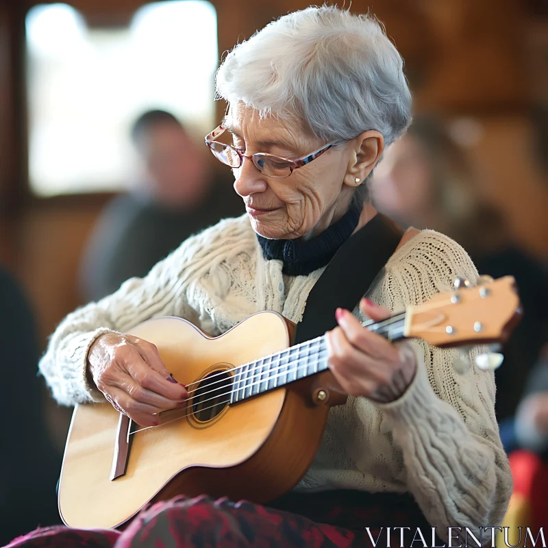 Senior Woman Strumming Guitar Peacefully AI Image