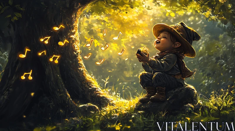 AI ART Magical Child Singing in Sunlit Forest