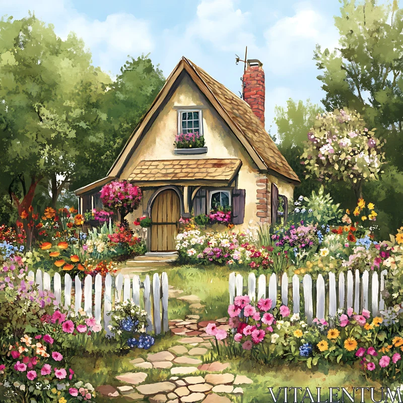 Picturesque Cottage with Flowering Garden AI Image