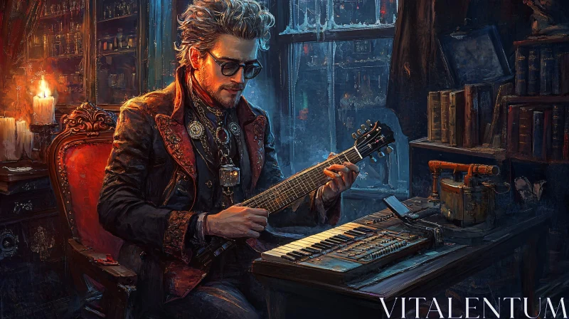 Vintage Steampunk Man Playing Guitar AI Image