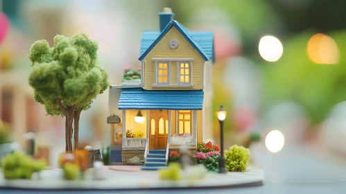 Cozy Miniature House with Illuminated Windows and Tree