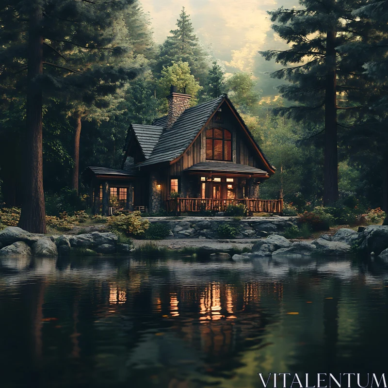 AI ART Cozy Wooden Cabin in Lush Pine Forest