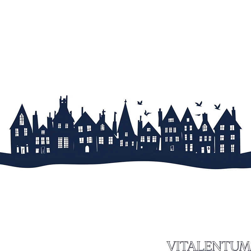 Silhouette of Old Town Skyline with Flying Birds AI Image