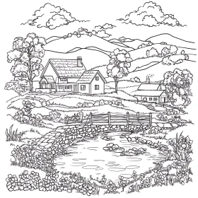 Peaceful Rural Landscape with Cottages and Stone Bridge